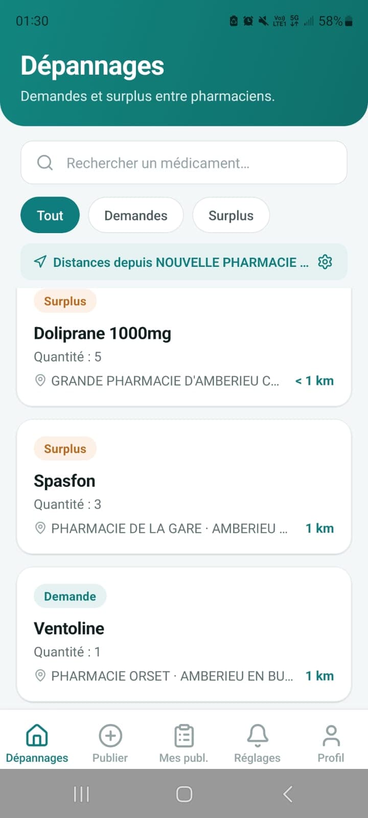 Écran Dépannages : fil des annonces à proximité