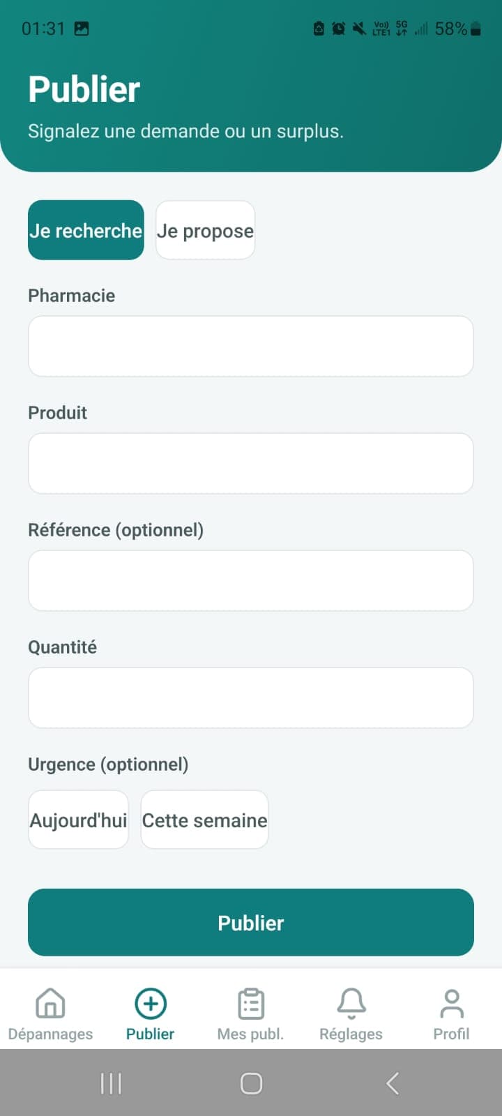 Écran Publier : signaler une demande ou un surplus