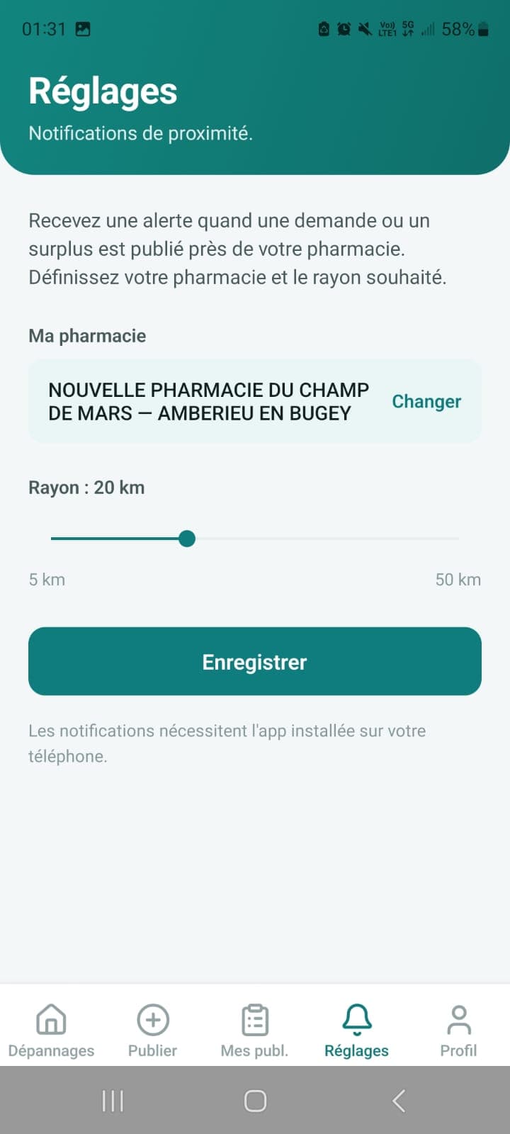 Écran Réglages : rayon de veille et pharmacie de référence